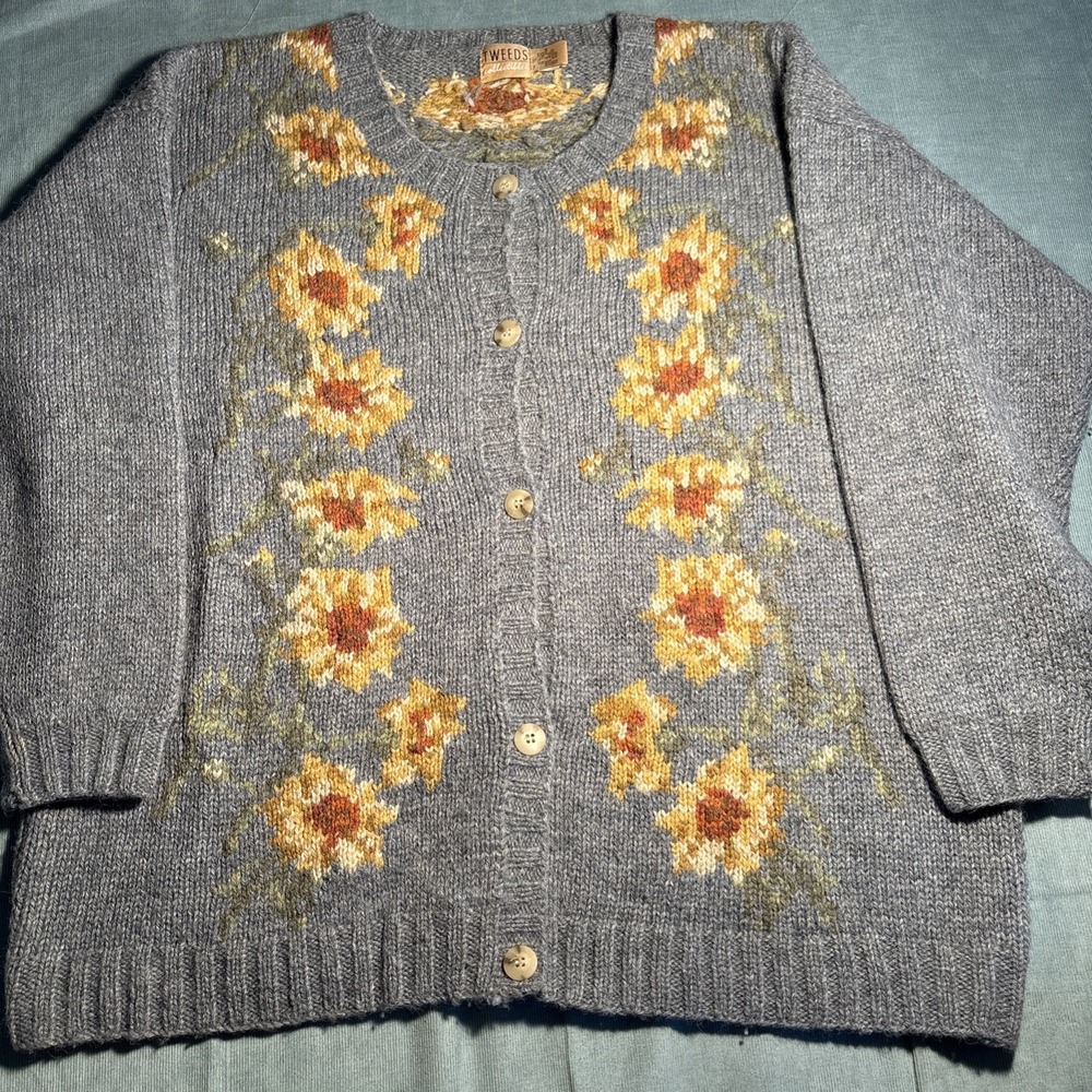 Tweeds Collectibles Wool Cardigan Sweater Blue Gray Floral Embroidered Womens L